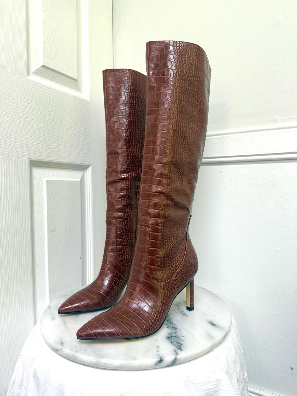 Nine West Brown Croc-Embossed Pointed-Toe Over-the-Knee Boots